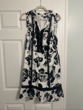 Karl Lagerfeld Black & White Floral-Print Ruffle Midi Dress